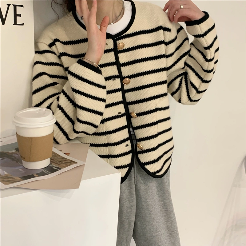 Thickened Striped Metal Single Breasted Cardigan Fashionable Casual Niche Design Coat Female