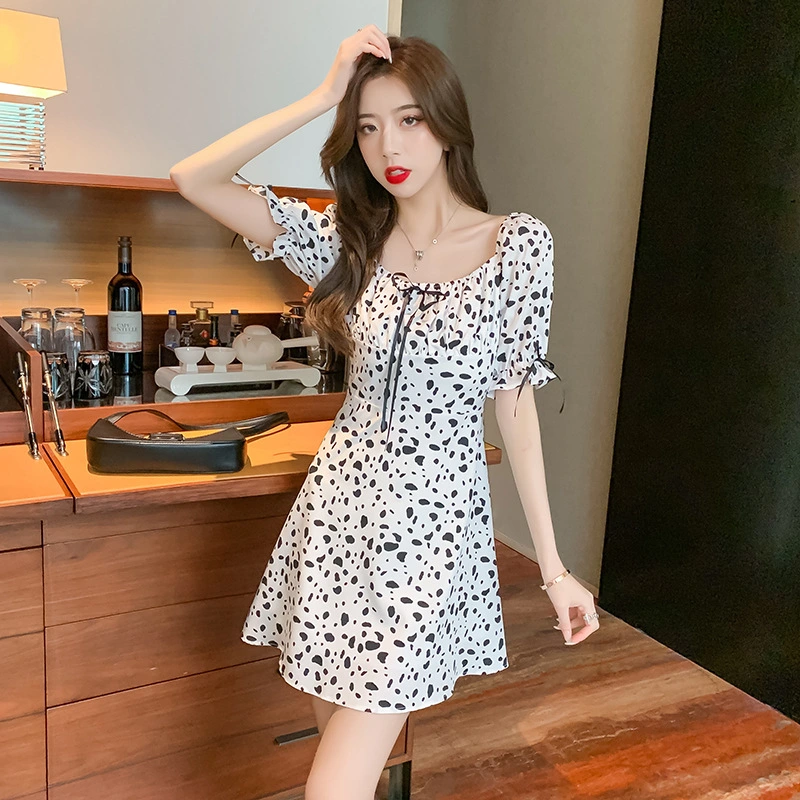 Women's Bubble Sleeve Cow Spot Print Skinny Dress