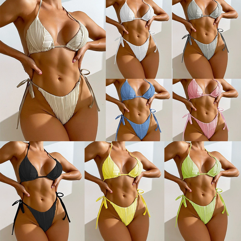Stripe Solid Bikini Tie Ins Split Swimsuit