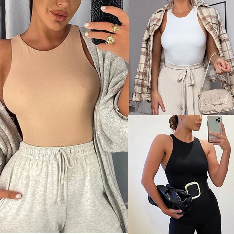 Solid color round neck sleeveless bodysuit