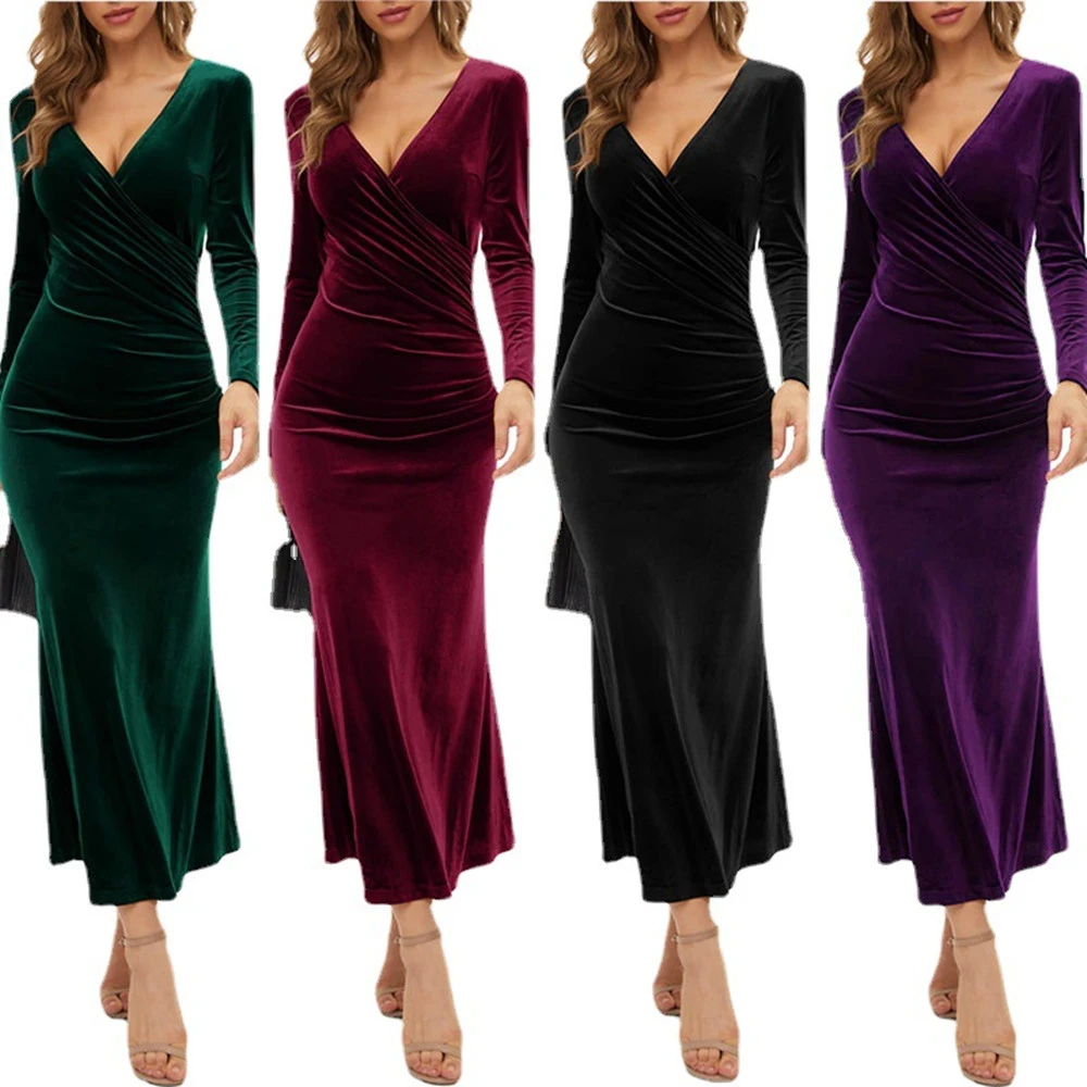 Women's V-neck Slim Dress Elegant Velvet
