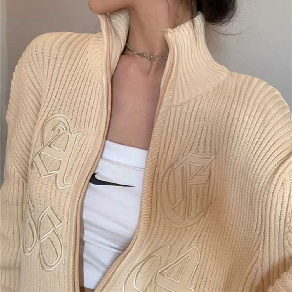 Trendy High Neck Zipper Knitted Cardigan