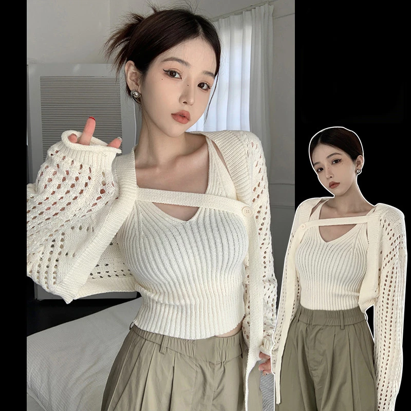Women Long Sleeves With Suspender Vest Are Hollow Out
