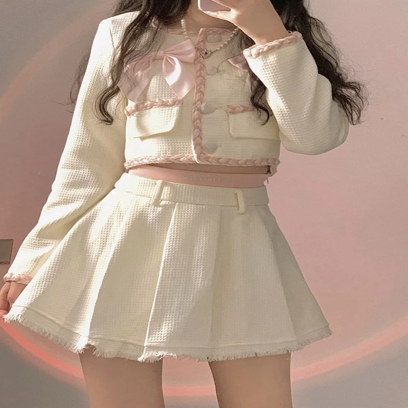 Autumn Temperament Bow Short Suit Lace Pleated Skirt Two-piece Set