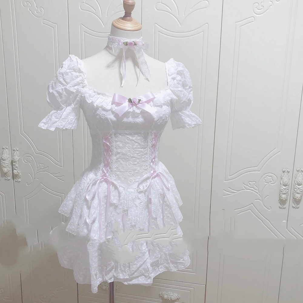 Retro Square Collar Bow Embroidery Lace Bubble Sleeve Waist Dress