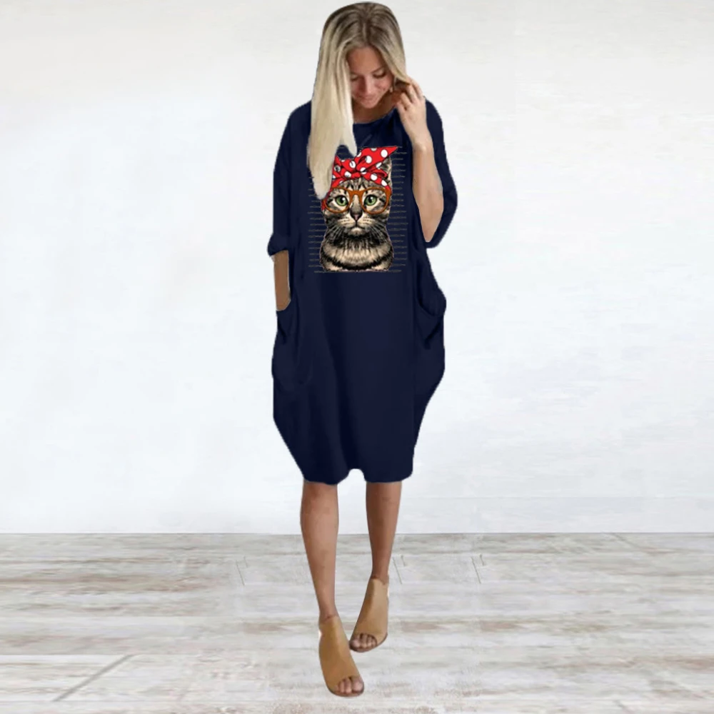 Cat Print Dress With Loose Pockets And Long Sleeves
