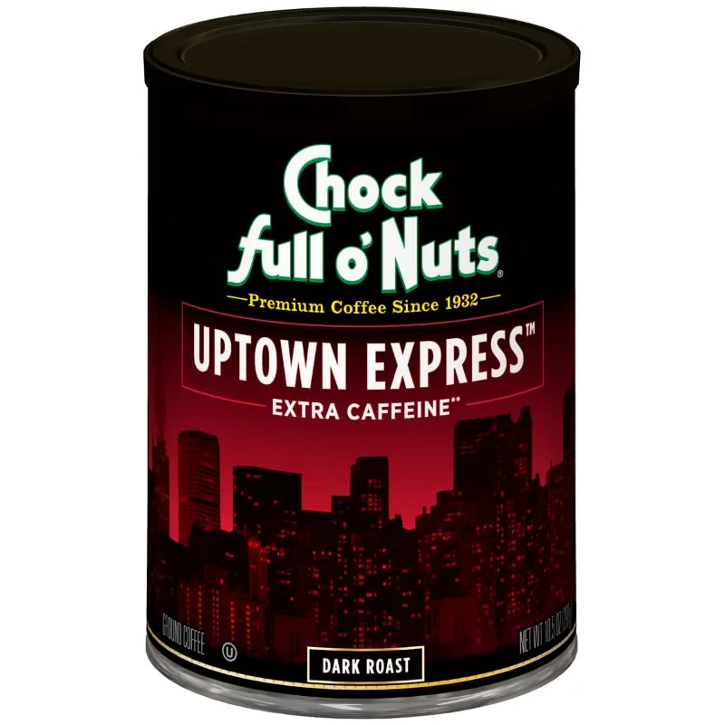 Chock Full o’Nuts Uptown Express Roast, Dark Roast Ground Coffee with Extra Caffeine – Gourmet Coffee Beans – Bold, Full-Bodied and Intense Coffee (10.5 Oz. Can)