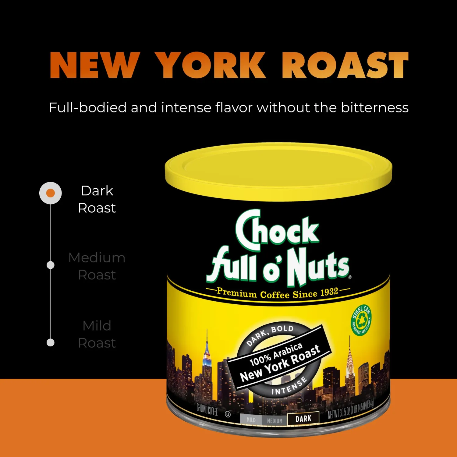 Chock Full o' Nuts New York Roast Ground Coffee – Premium Beans in Recyclable Steel Can – Rich Flavor & Aroma, Dark Roast – Perfect for Drip, Pour-Over, Percolator – 30.5 Oz Can