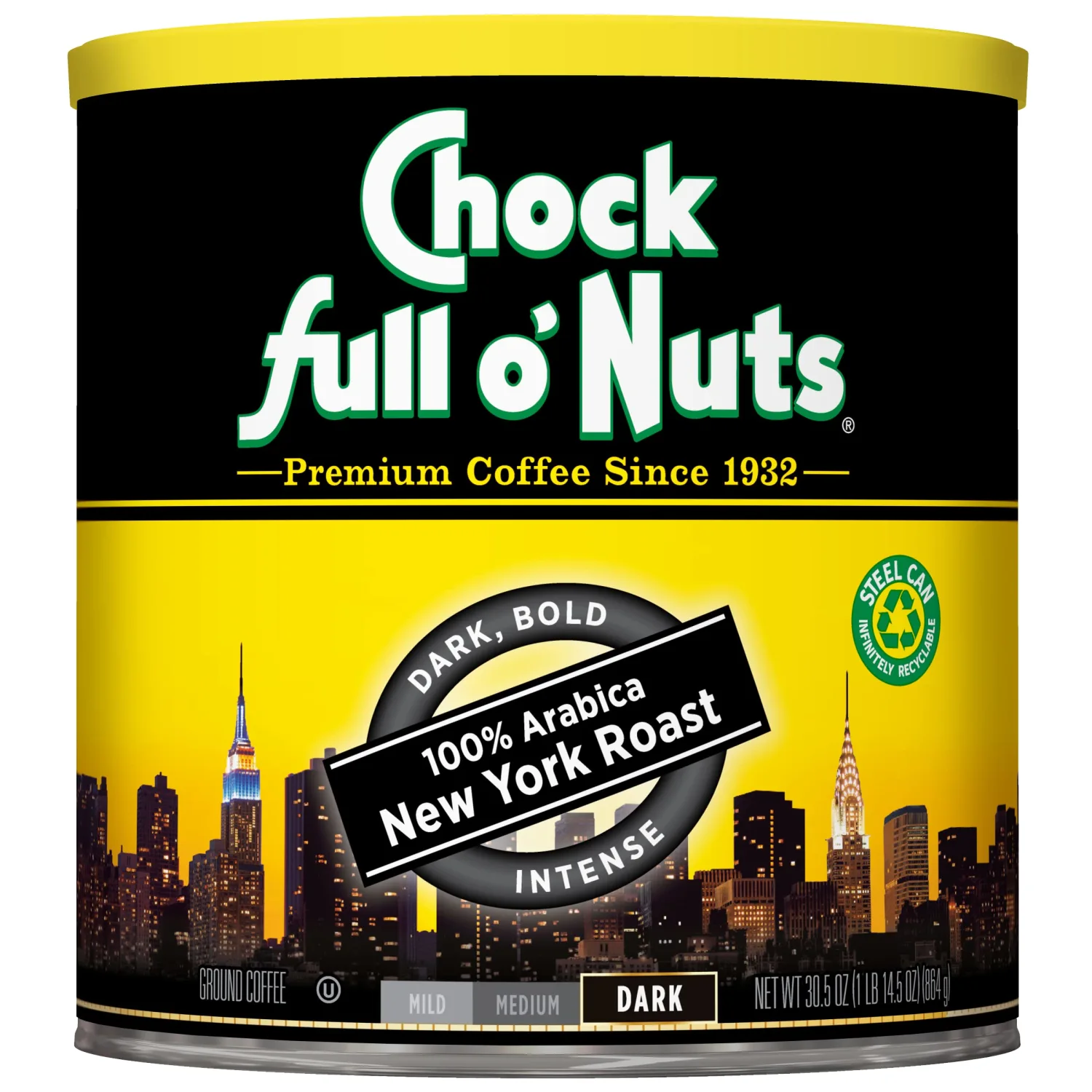 Chock Full o' Nuts New York Roast Ground Coffee – Premium Beans in Recyclable Steel Can – Rich Flavor & Aroma, Dark Roast – Perfect for Drip, Pour-Over, Percolator – 30.5 Oz Can