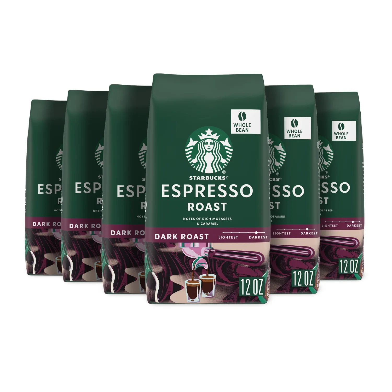 Starbucks Whole Bean Coffee, Dark Roast Coffee, Espresso Roast, 100% Arabica, 6 bags (12 oz each)