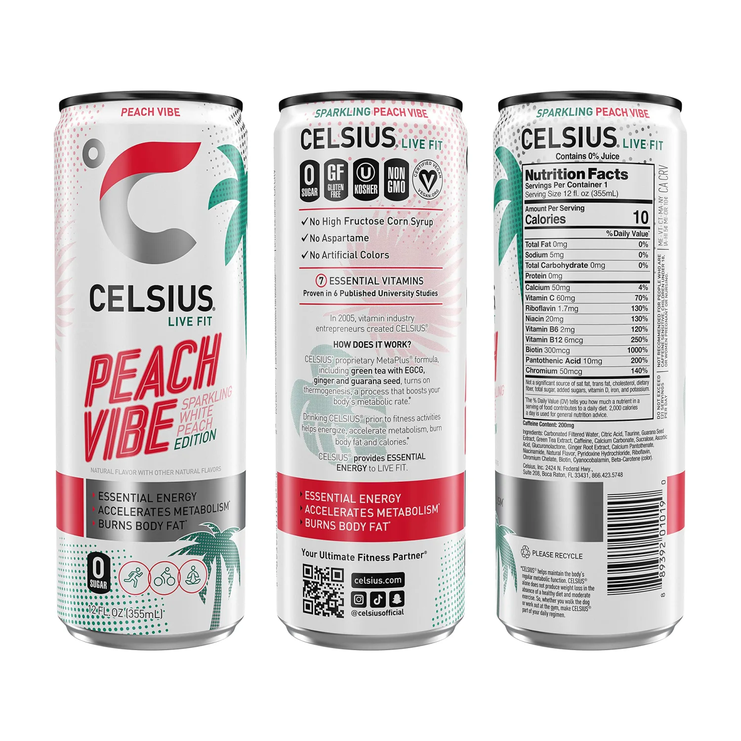 CELSIUS Sparkling Peach Vibe, Functional Essential Energy Drink 12 Fl Oz (Pack of 24)