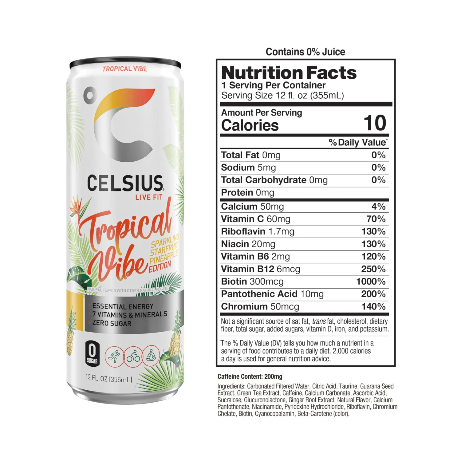 CELSIUS Sparkling Tropical Vibe, Functional Essential Energy Drink 12 Fl Oz (Pack of 12)