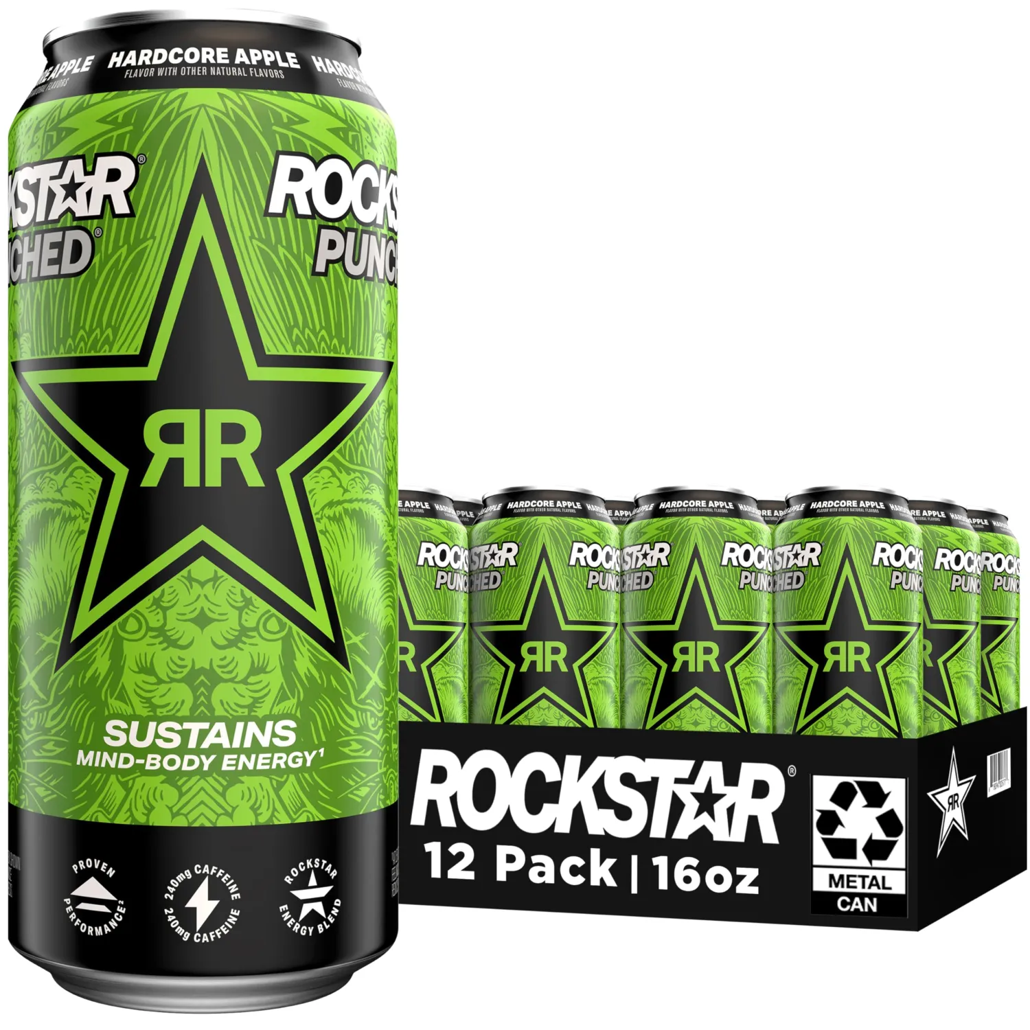 Rockstar Energy Drink Punched Hardcore Apple, 16oz Cans (12 Pack)