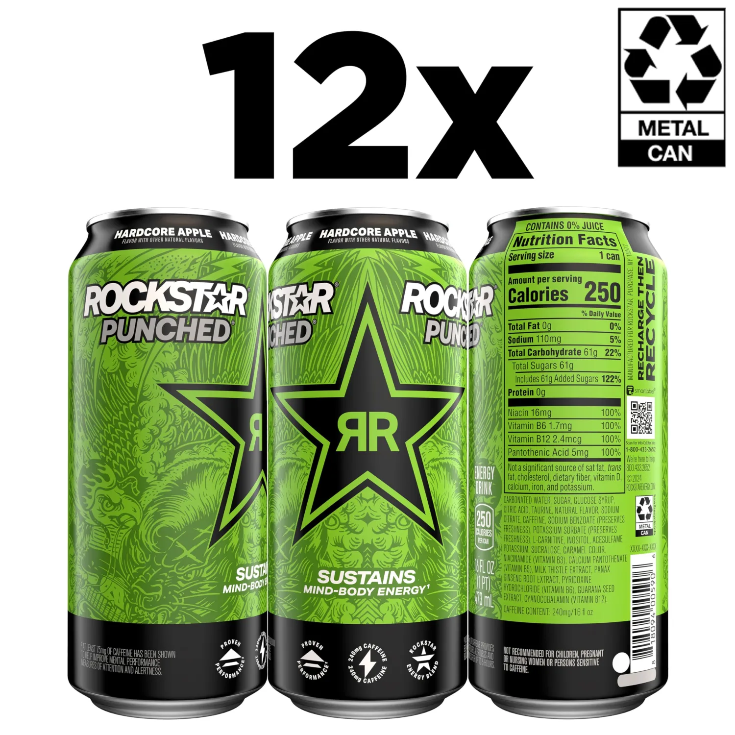 Rockstar Energy Drink Punched Hardcore Apple, 16oz Cans (12 Pack)
