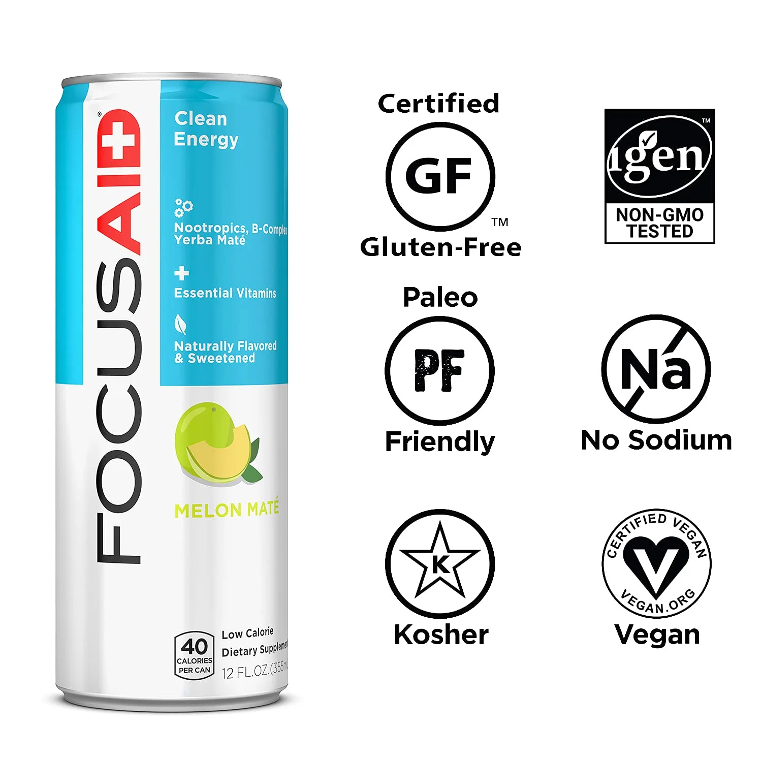 FOCUSAID Energy Blend | Nootropics Drink for Brain Fuel | Alpha-GPC, GABA, B-Complex, Yerba Mate, Green Tea | 100% Clean |100mg Natural Caffeine | 12-oz. can