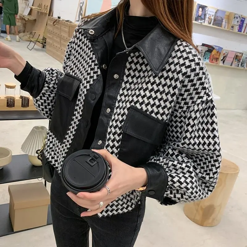 Thousand Bird Check Coat Women's Short Loose Splicing Jacket
