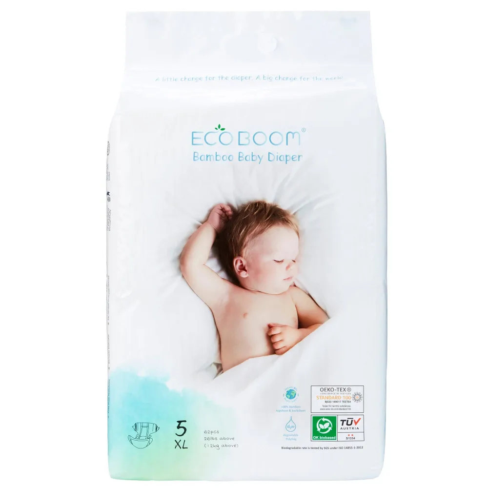 ECO BOOM Diapers, Baby Bamboo Viscose Diapers, Eco-Friendly Natural Soft Disposable Nappies for Infant, Size 5 Suitable for 26lb+ (Extre Large - 62 Count)
