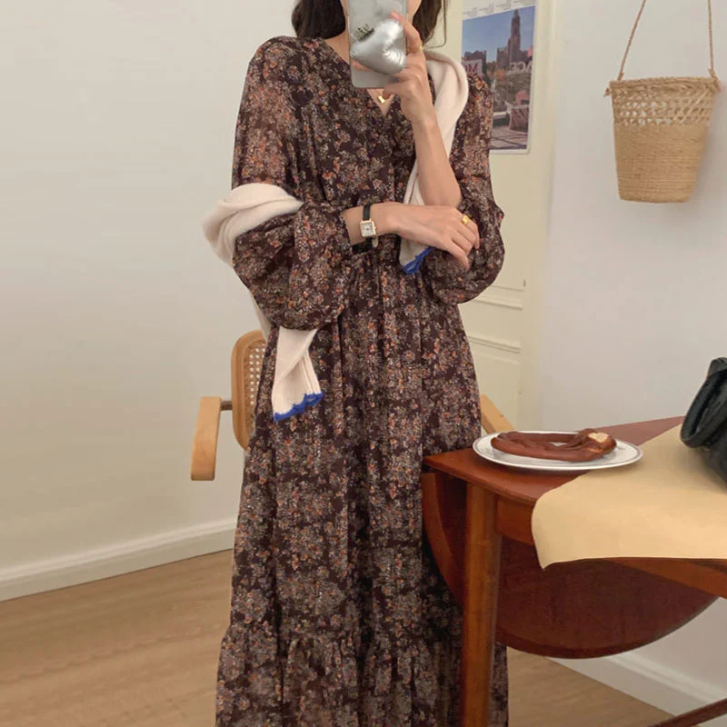 Vintage Cross V-neck Floral Cut Waist Slim Chiffon Dress Women