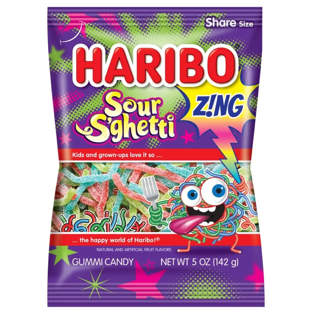 HARIBO Gummi Candy, Z!NG Sour S’ghetti, Sour Gummy Candy, 5 Ounce Bag (Pack of 12) Delicious Soft & Chewy Snacks, Assorted Fruity Flavors