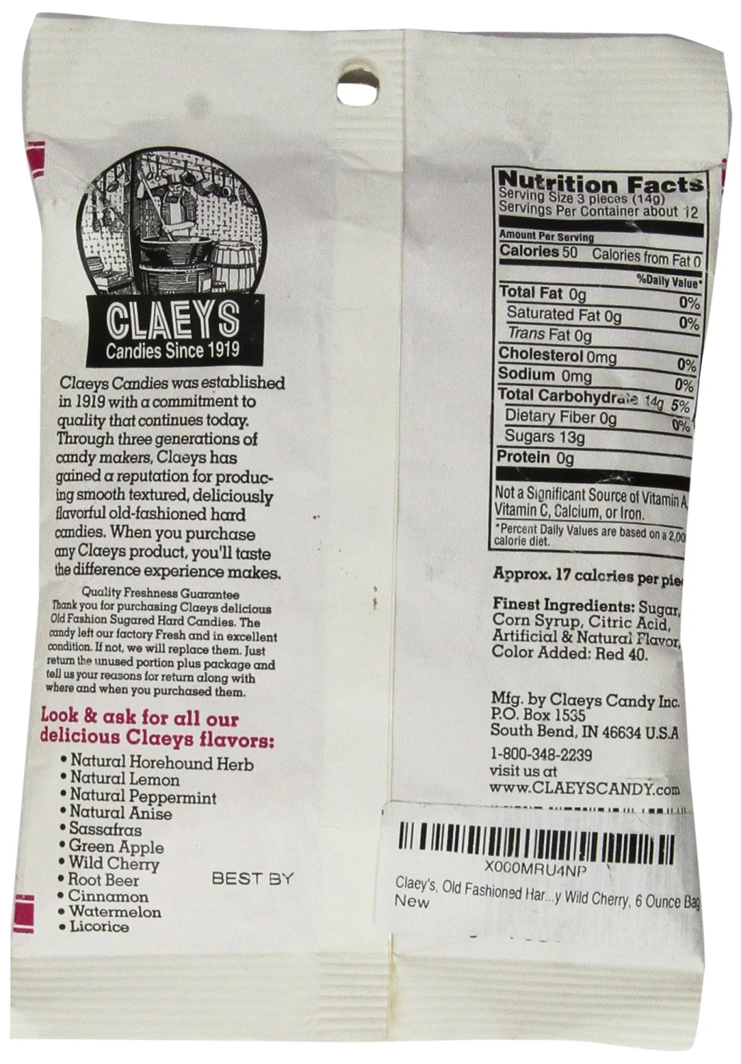 Claey's, Old Fashioned Hard Candy Wild Cherry, 6 Ounce Bag