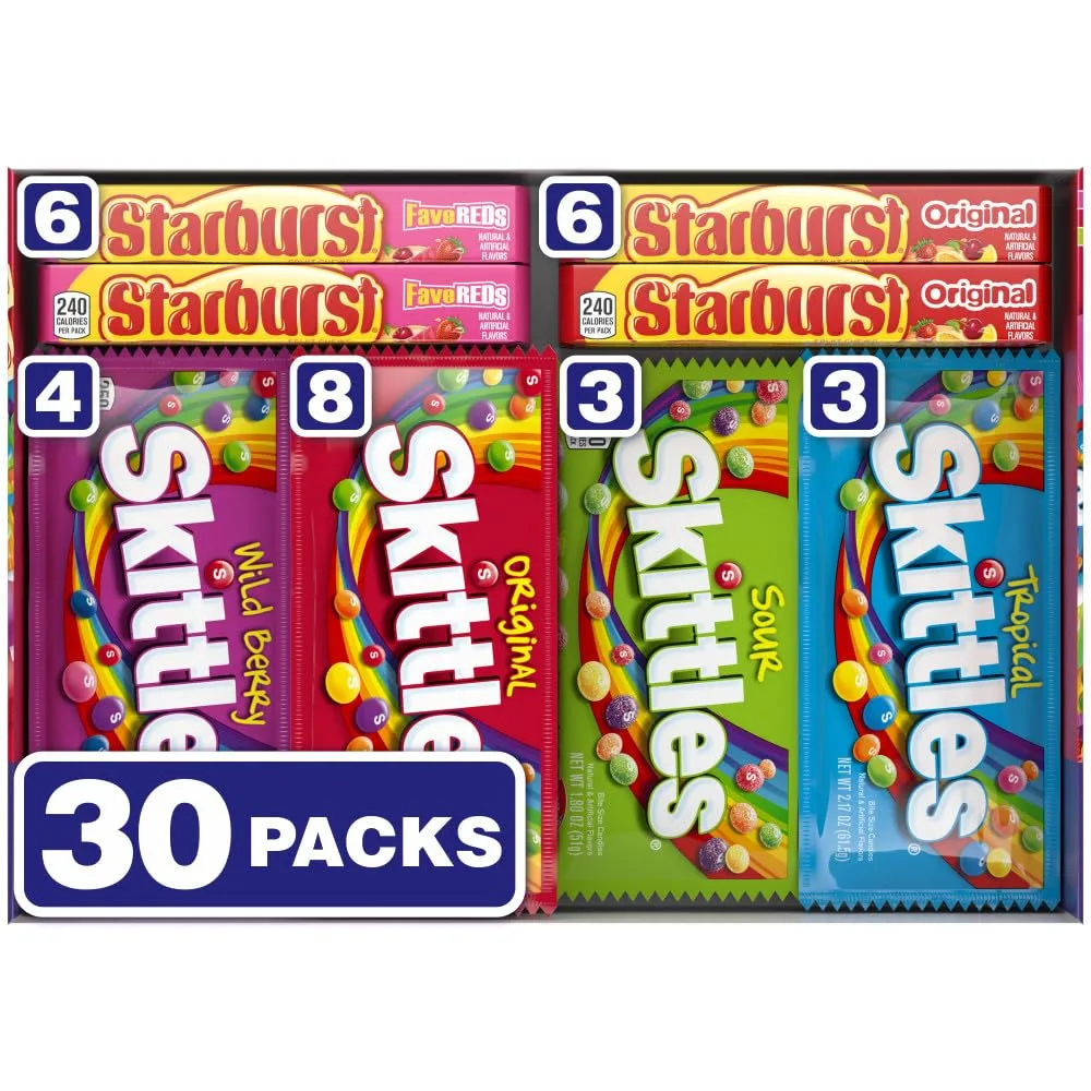 SKITTLES & STARBURST Variety Pack Full Size Chewy Candy Assortment, 62.79 oz, 30 Count