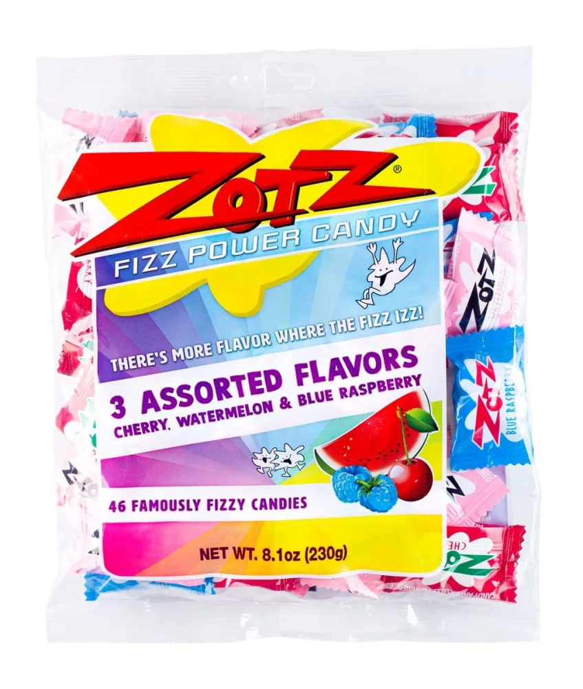 Zotz Fizz Power Candy Assorted - Fruit Flavored Hard Candy with a Fizzy Center | 230g Bag, Single Pack | Cherry, Watermelon & Blue Raspberry | Gluten-Free