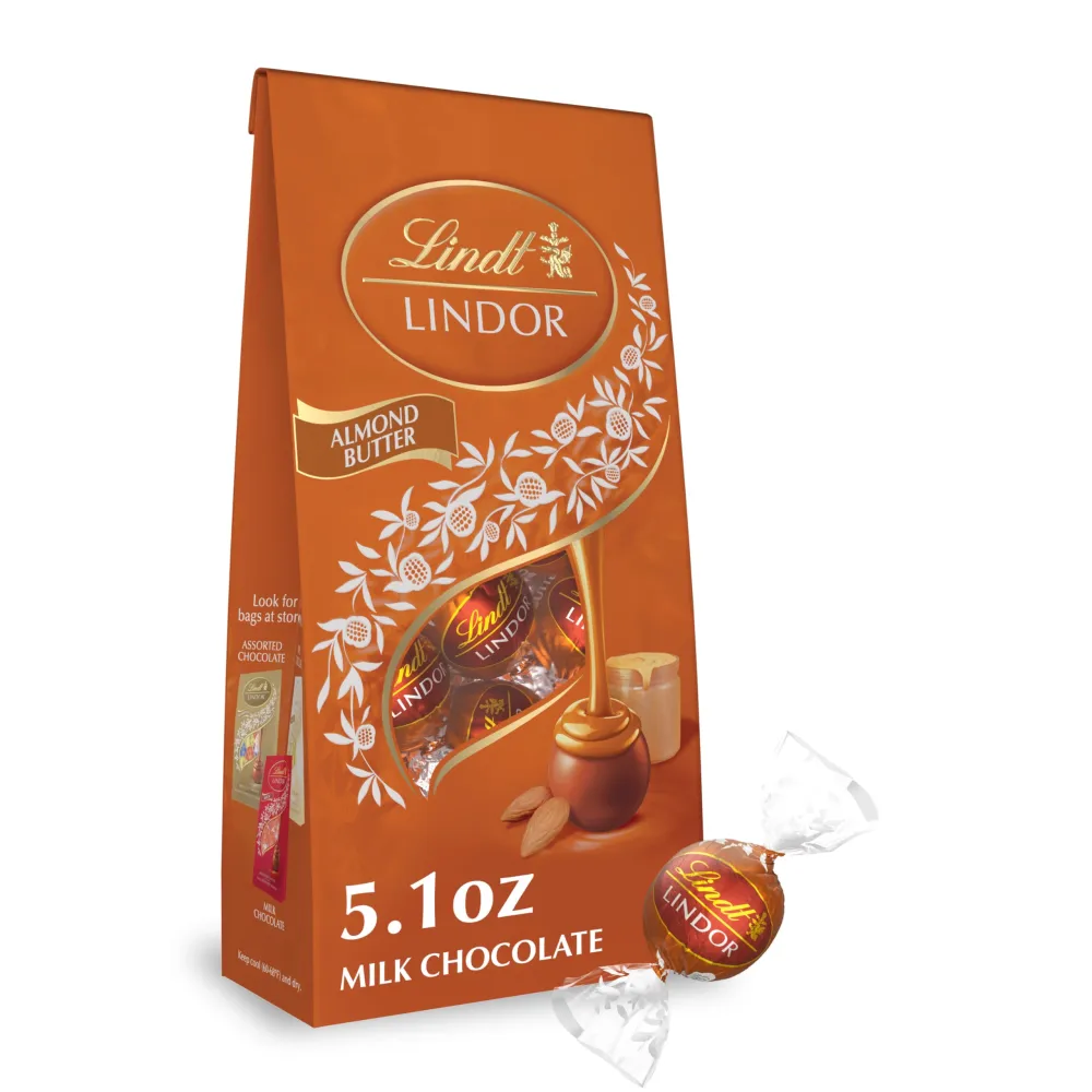 Lindt LINDOR Almond Butter Milk Chocolate Candy Truffles, Milk Chocolate With Almond Butter, 5.1 oz. Bag