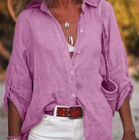 Cotton And Linen Solid Color Loose Type Sleeve Shirt