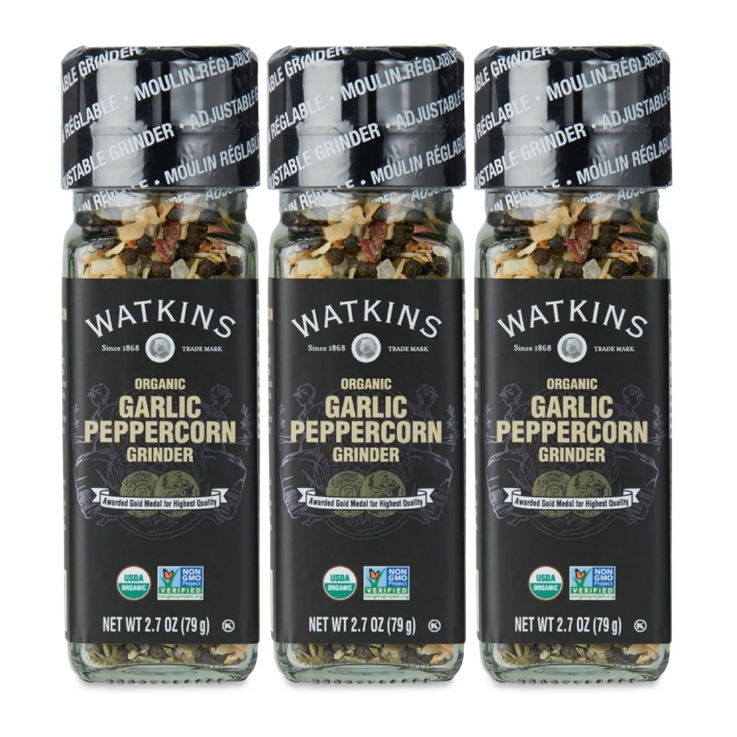 Watkins Organic Grinder, Garlic Peppercorn, 2.7 Ounce, 3-Pack
