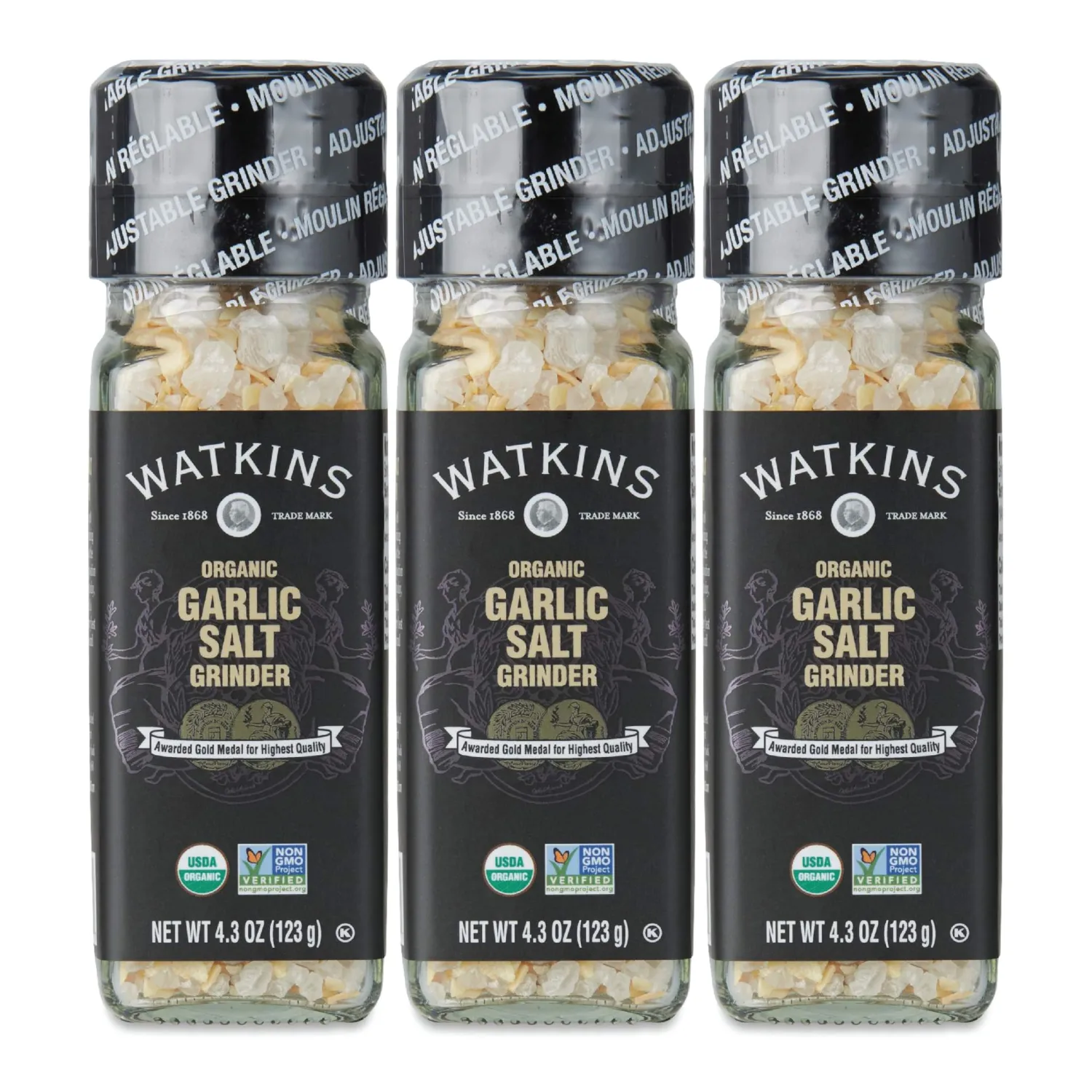 Watkins Organic Garlic Salt Grinder, 4.3 Ounce, 3-Pack