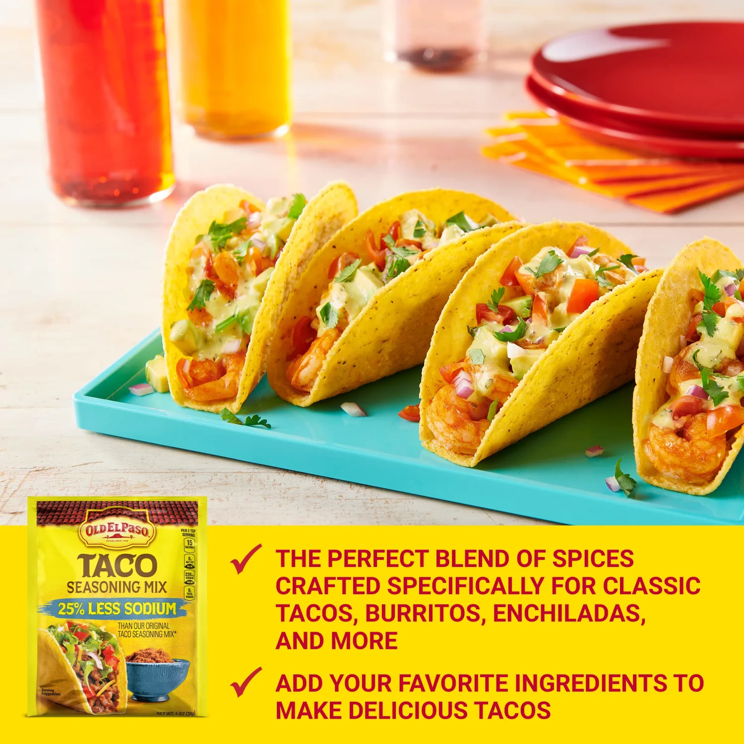 Old El Paso Taco Seasoning, 25% Less Sodium, 1 oz. (Pack of 32)