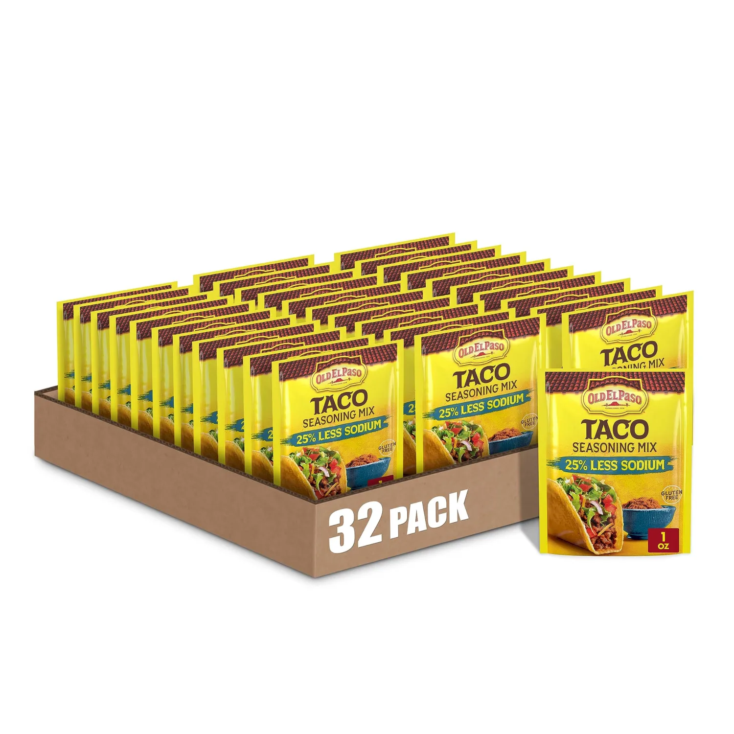 Old El Paso Taco Seasoning, 25% Less Sodium, 1 oz. (Pack of 32)