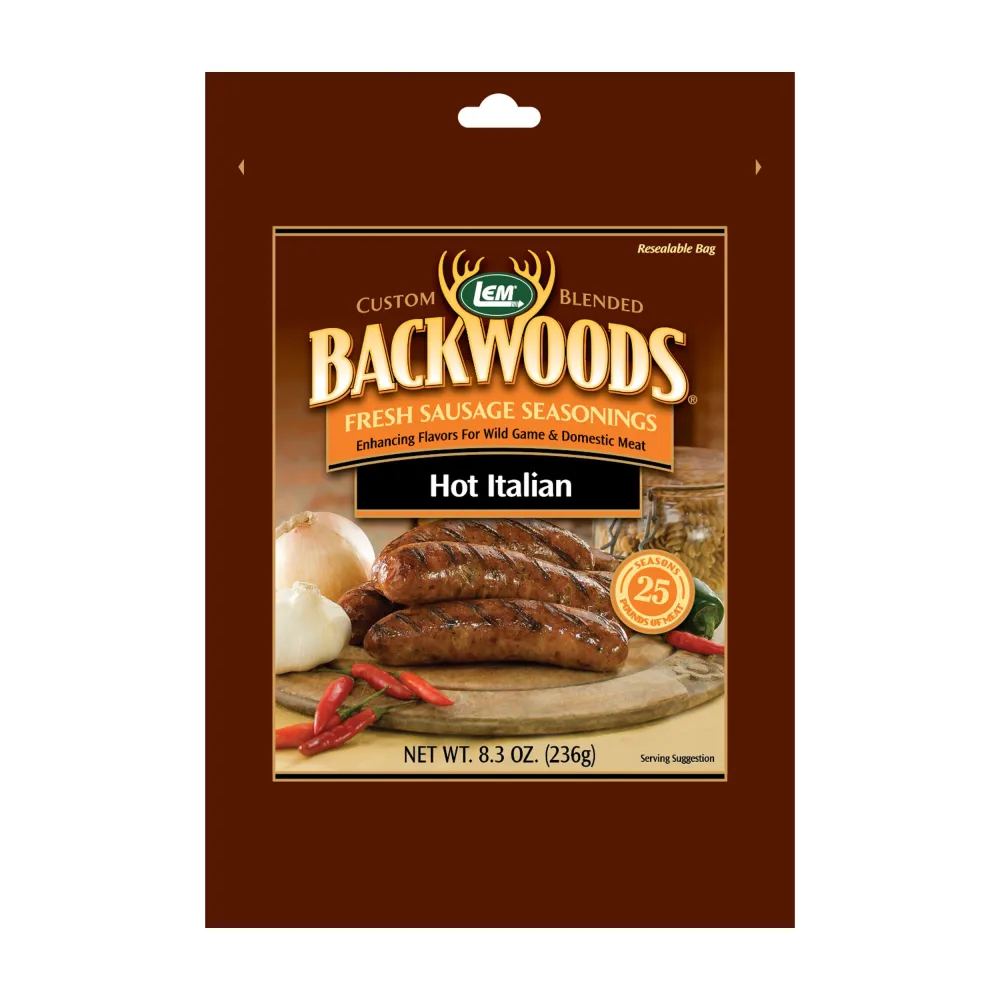 LEM Products Backwoods Hot Italian Fresh Sausage Seasoning, Ideal for Wild Game and Domestic Meat, Seasons Up to 25 Pounds of Meat, 8.3 Ounce Packet