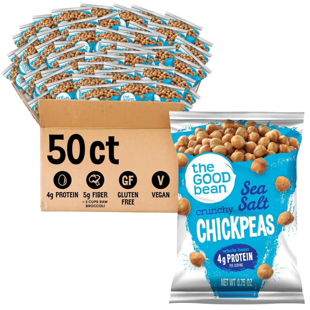 The Good Bean Crunchy Chickpeas - Sea Salt - (50 Pack) 0.75 oz Bag - Roasted Chickpea Beans - Vegan Snack with Good Source of Plant Protein and Fiber