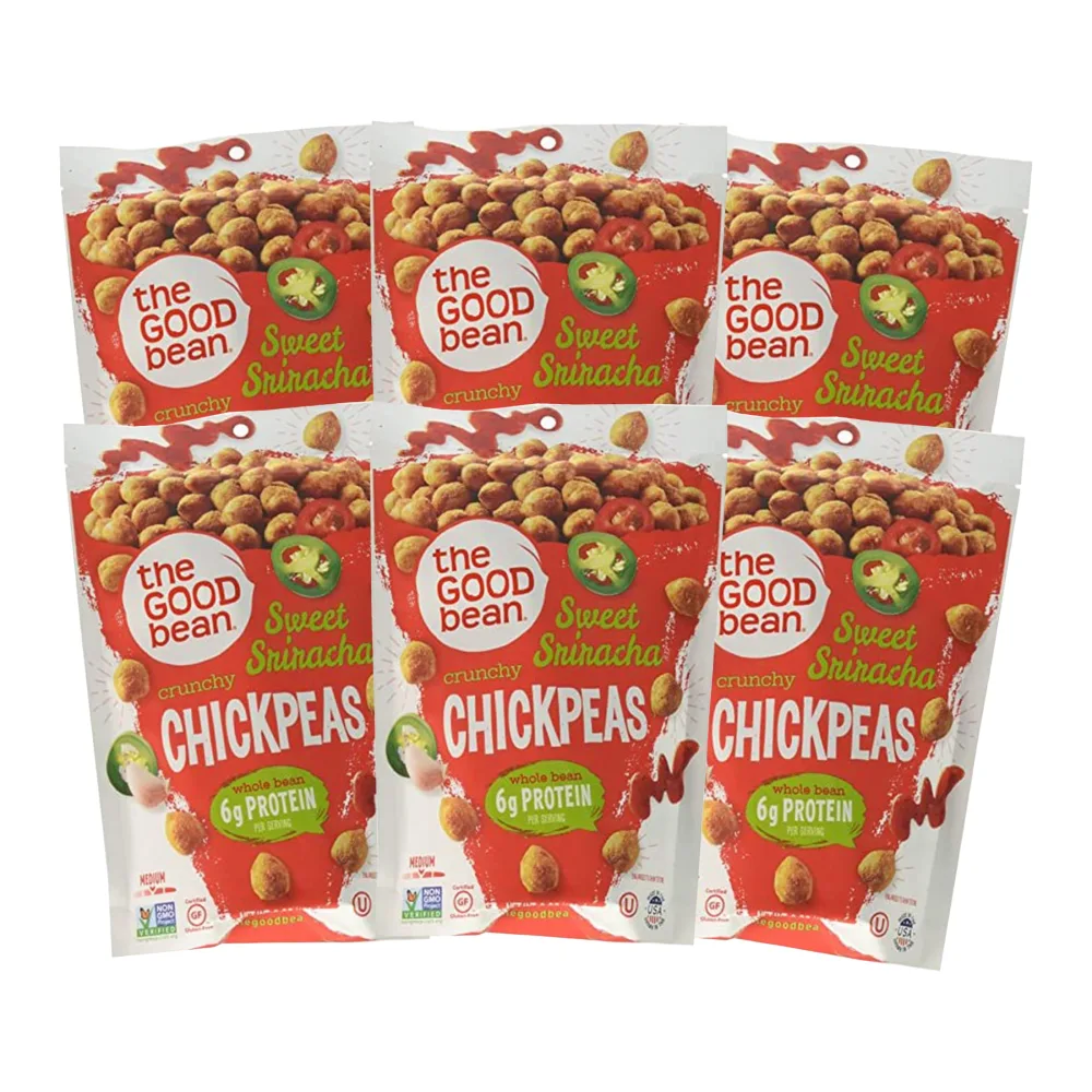 The Good Bean Crunchy Chickpeas - Sweet Sriracha - (6 Pack) 6 oz Packet - Roasted Chickpea Beans - Vegan Snack with Good Source of Plant Protein and Fiber