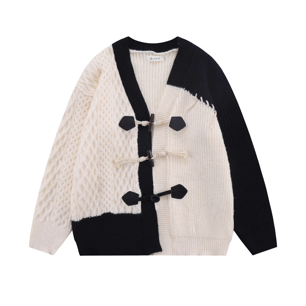 Men's Cowl Button Irregular Patchwork V-neck Cardigan Sweater
