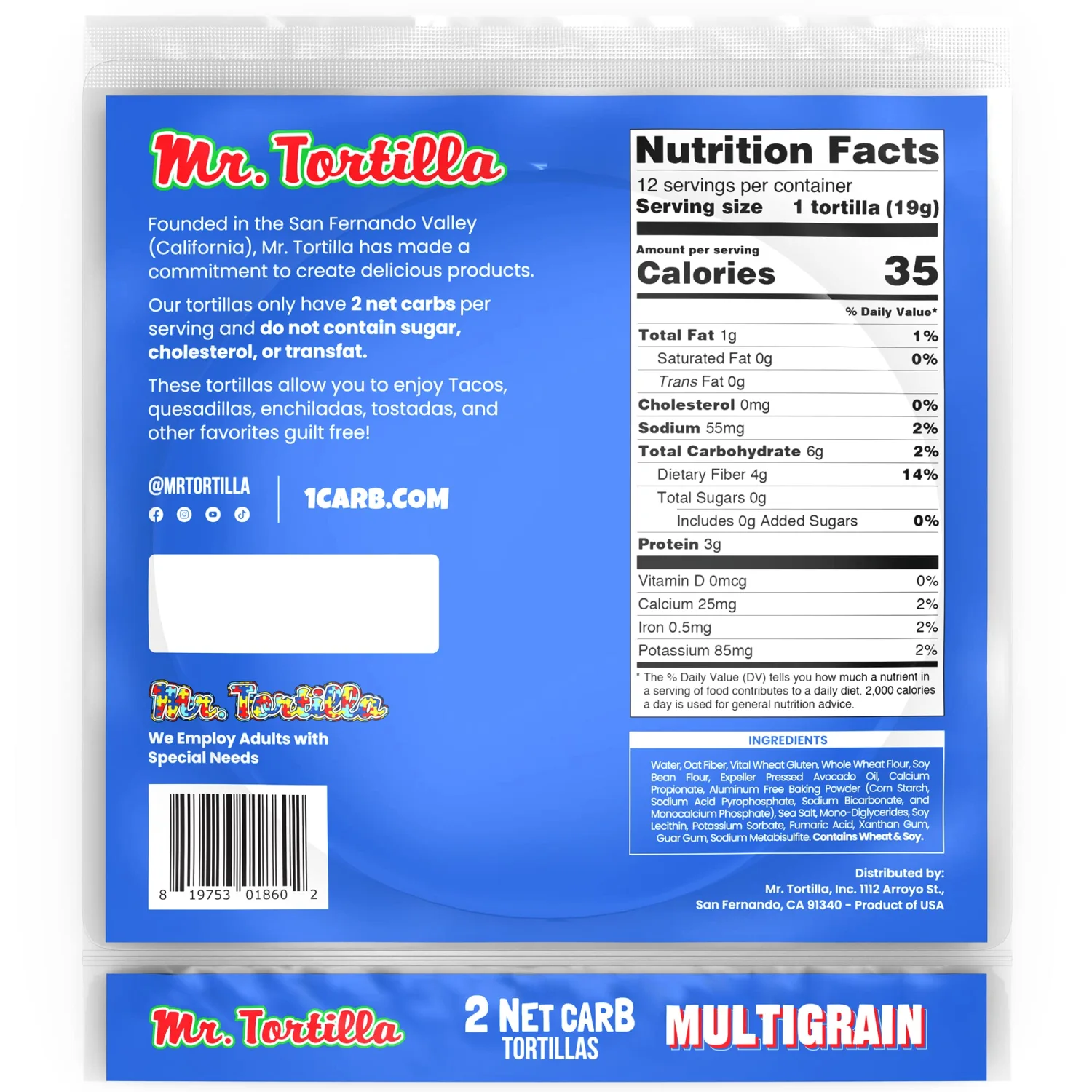 Mr. Tortilla Low Carb Keto Soft Taco Shells, Vegan, Quesadillas, Burritos, Heathy Bread Alternative, 2 Net Carbs, Delicious Small Batch Kosher Wraps - (Multigrain, 48 Count)