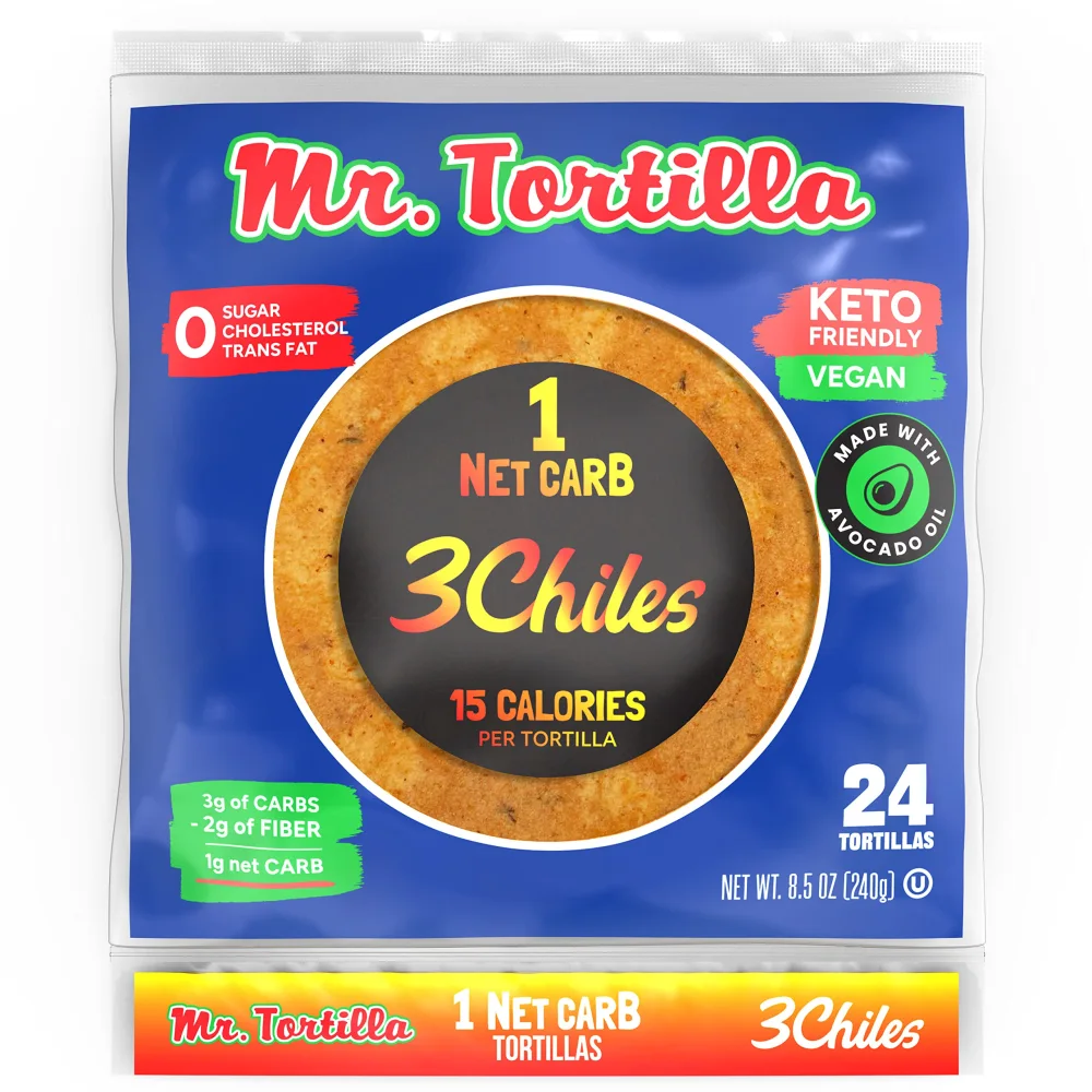 Mr. Tortilla Low Carb Keto Soft Taco Shells, Vegan Healthy Snacks & Bread Alternative, 1 Net Carb 15 Calories, Delicious Small Batch Kosher Wraps - (Spicy 3 Chiles, 24 Count)