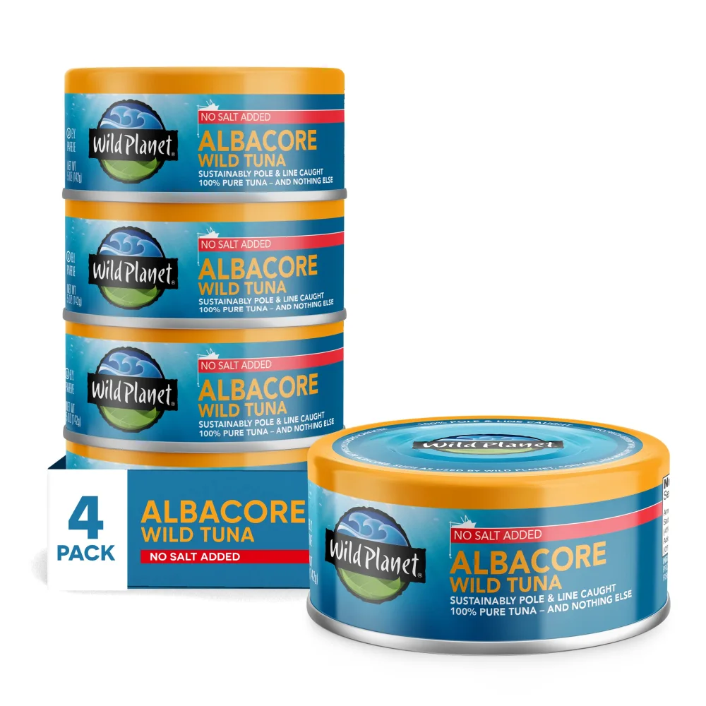 Wild Planet Albacore Wild Tuna, No Salt Added, Canned Tuna, Pole & Line Caught, 5 oz, Pack of 4, Packaging May Vary