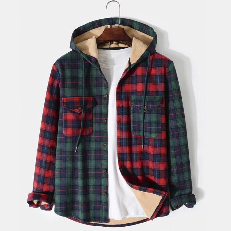 Men's Hooded Jacket Fashion Casual Long Sleeve Plaid Jacket