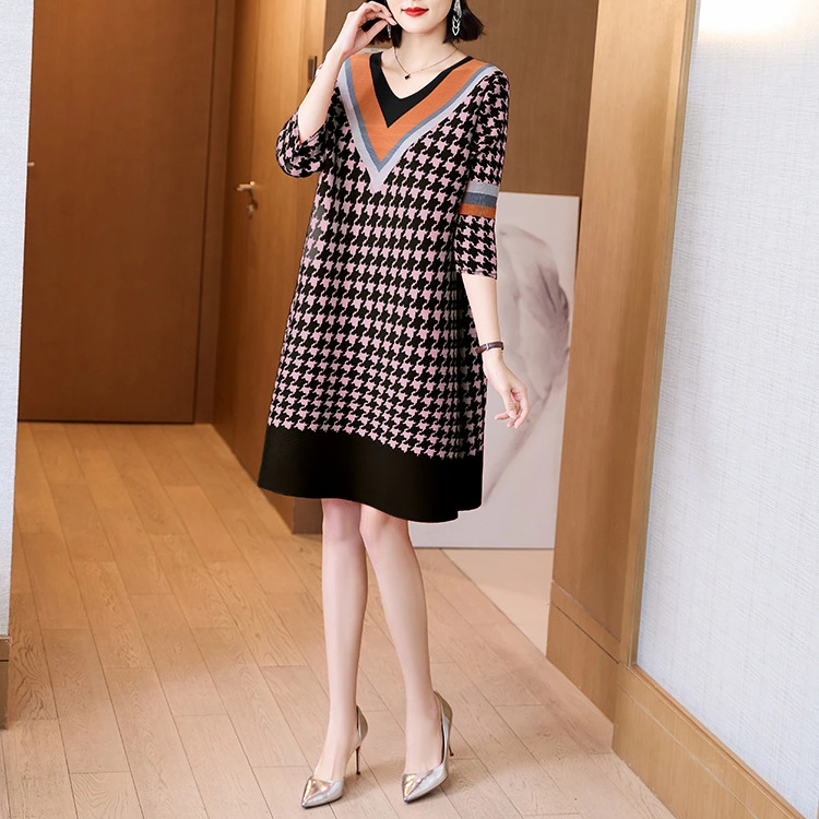 Pleated Color Contrast Thousand Bird Check Fashionable Loose Casual Dress