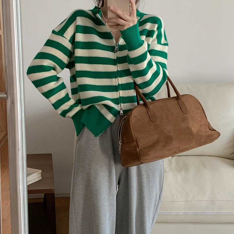 Vintage Stripe Contrast Crew Neck Knitted Cardigan Top Women