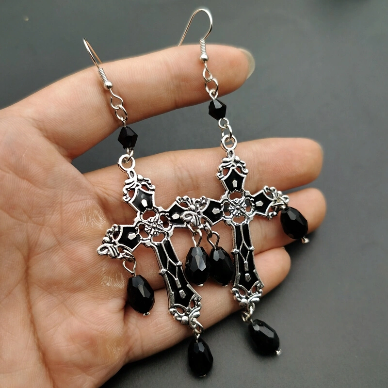 Gothic Black Cross Garnet And Crystal Chandelier Earrings La