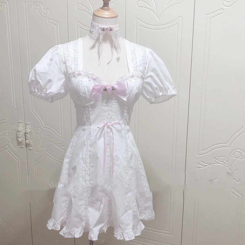 Pure Sexy White Lace Bubble Sleeve Waist Closing A-line Dress