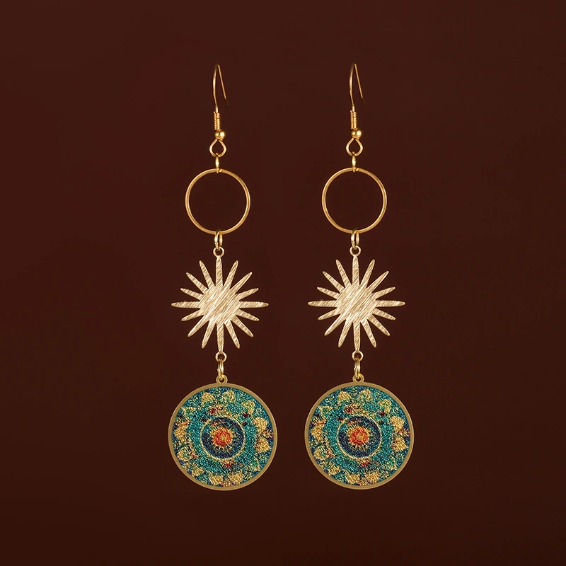 Vintage Mandala Flower Small Sun Gold Silver Brass Print Earrings