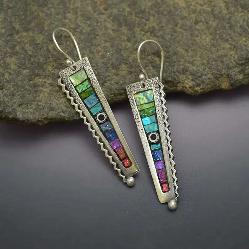 Retro Long Comb Tooth Abstract Rainbow Earrings European And American Fashion Zigzag Resin Earrings