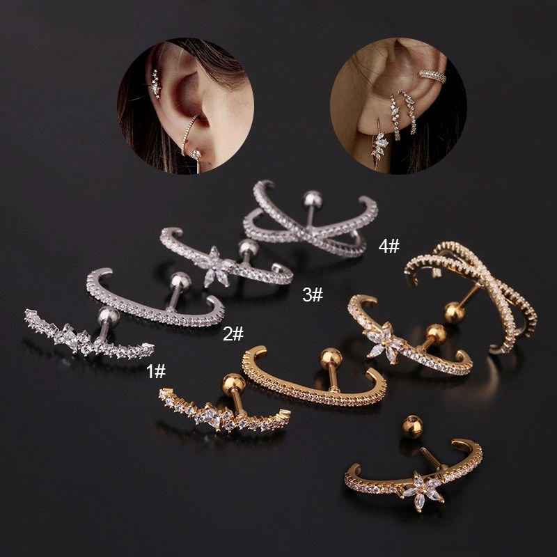 Korean Fashion Floral Zirconia Pierced Stainless Steel Earrings