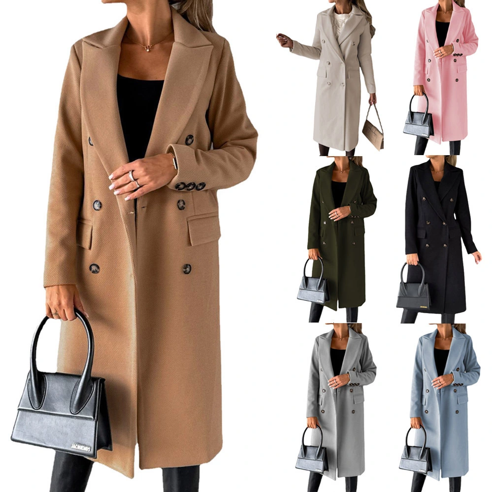 Women's Solid Color Long Sleeve Double Breasted Pocket Woolen Coat