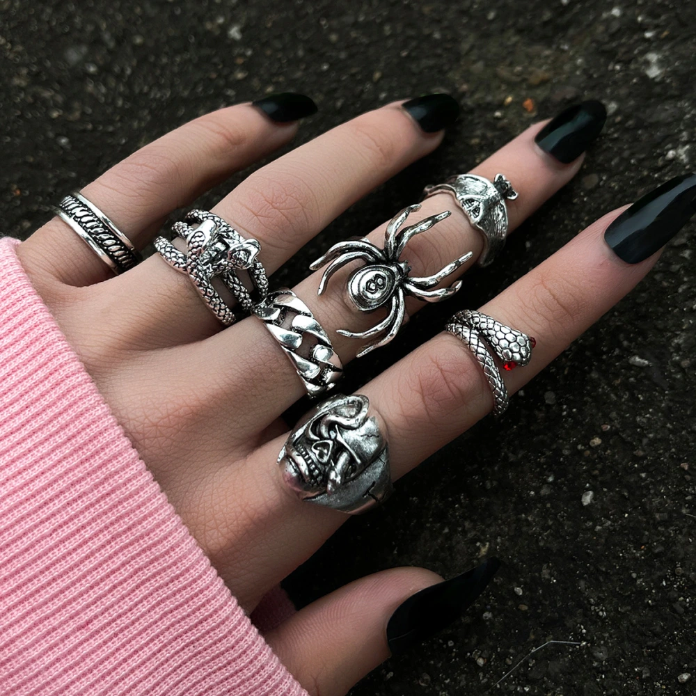 Personalized Vintage Spider Snake Bat Skull Double-headed Snake Ring Set Of 7