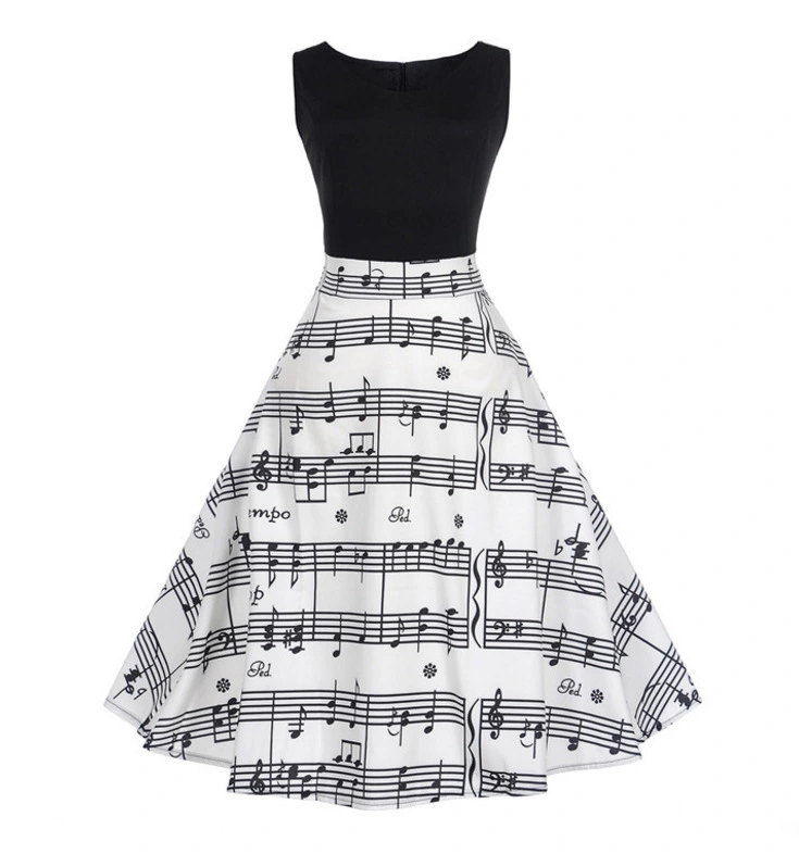 European And American Women's V-neck Note Print Sleeveless Swing Dress